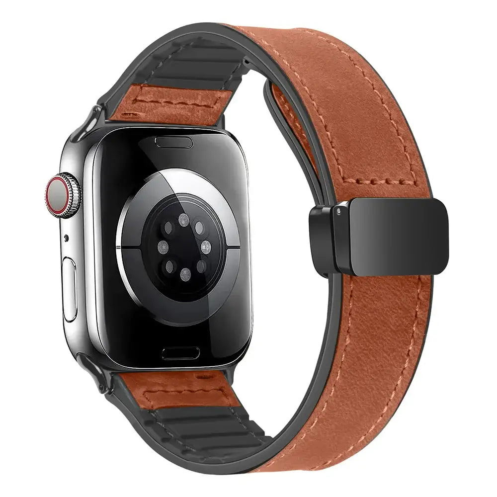 Cognac stitched leather Apple Watch band with magnetic clasp