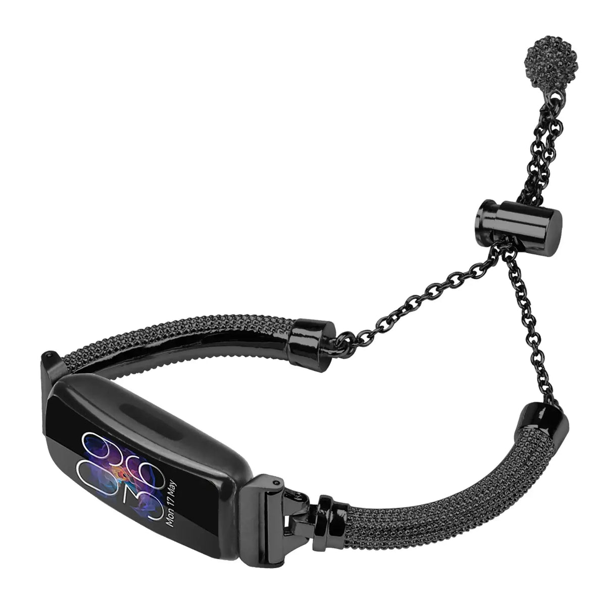 Fitbit Inspire 1/2/HR Mesh & Sliding-Chain Bracelet Band - Black bracelet chain and charm detail