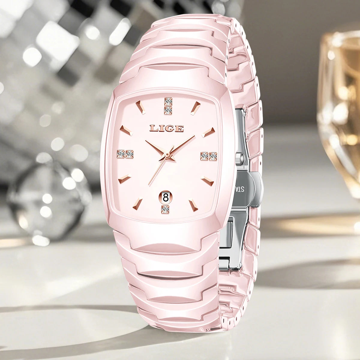 Women's Tonneau Crystal Marker Bracelet Watch — Pink watch and bracelet side view — BandsCo Straps