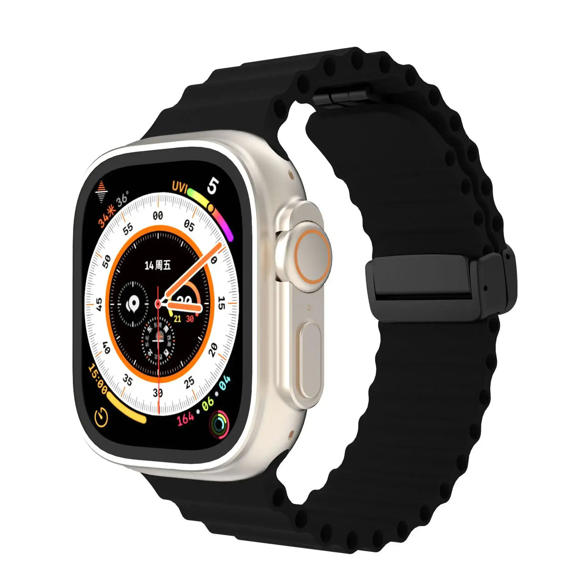 Black ridged silicone Apple Watch band with magnetic clasp