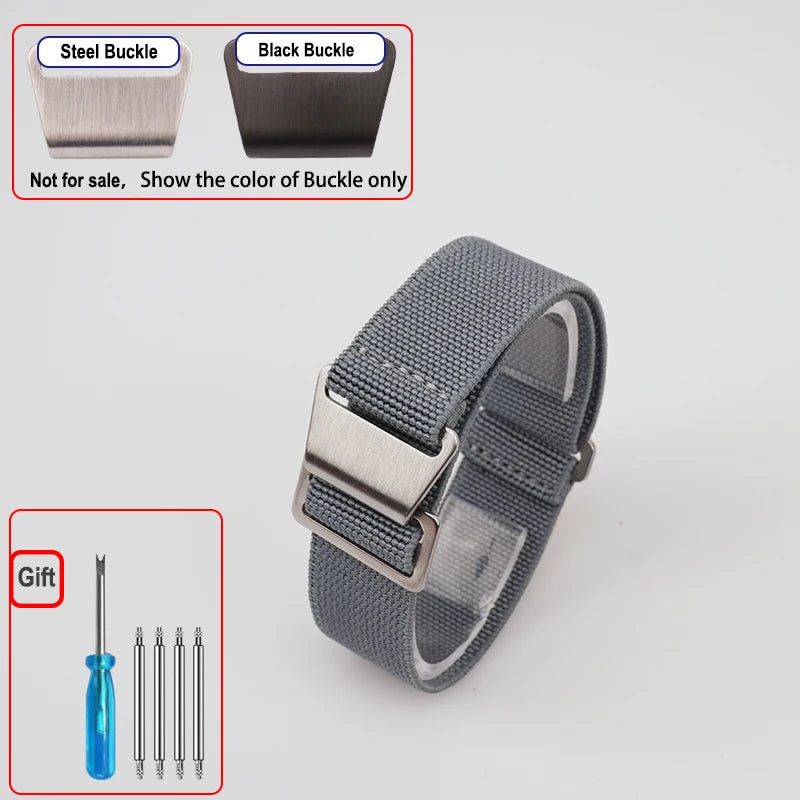 OnePlus Smartwatch Bands Nylon Elastic Parachute Fabric Watch Strap in gray with steel buckle and included tools for fittings.
