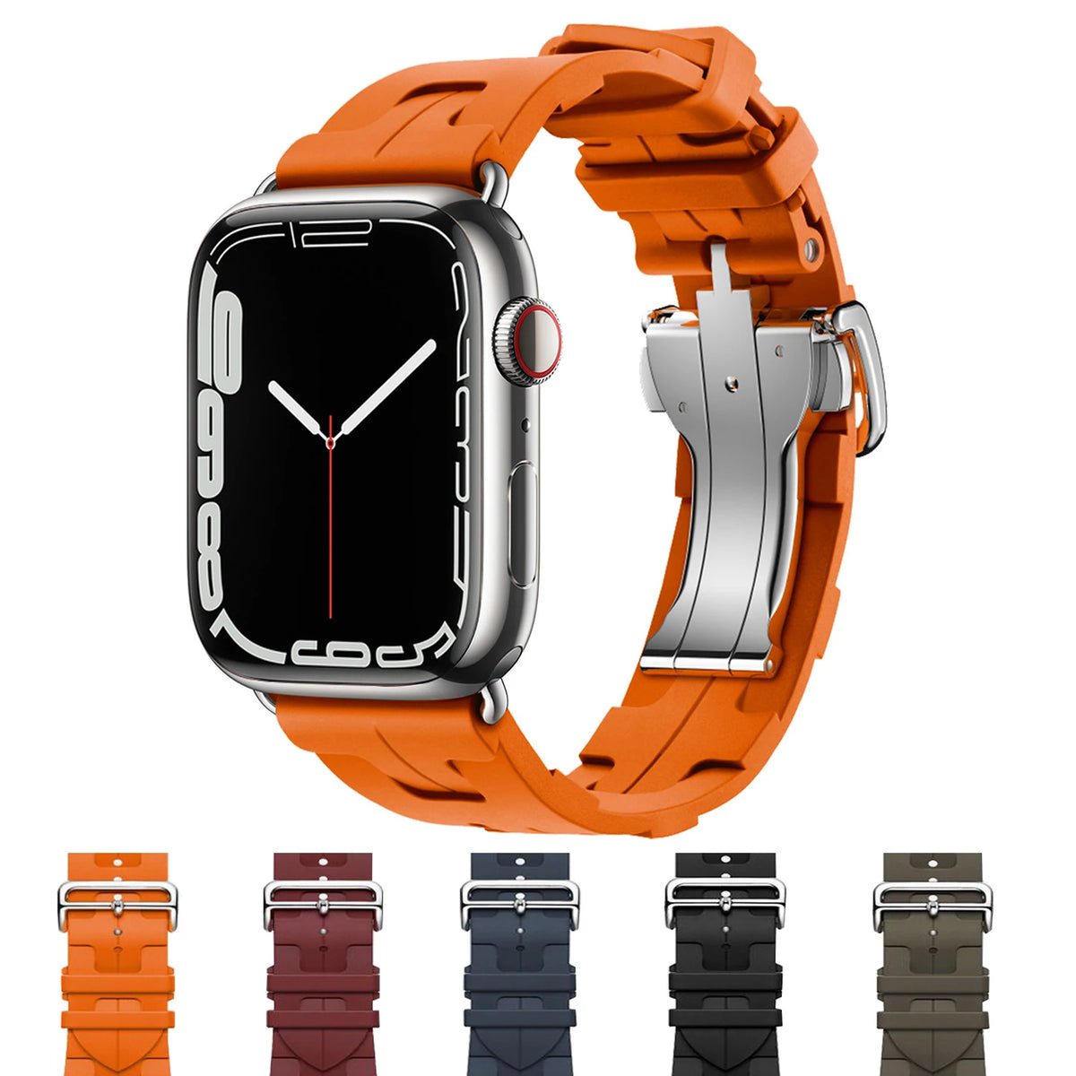 Orange sculpted silicone band with folding clasp and color previews for Apple Watch