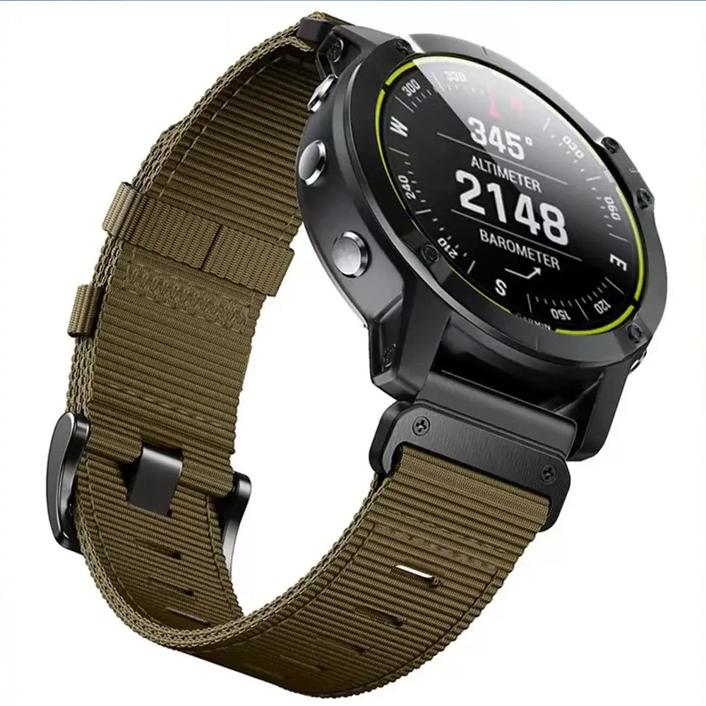 Garmin QuickFit Tactical Nylon Band khaki buckle strap shown on a watch