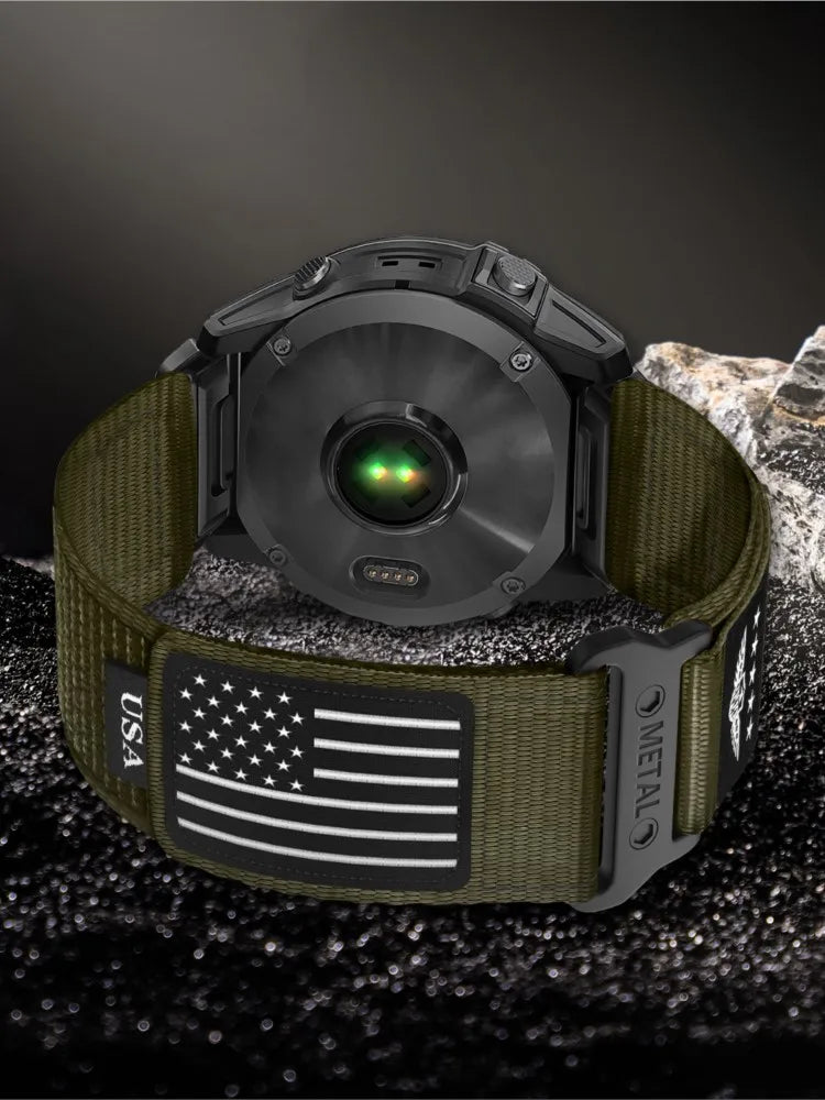 Garmin QuickFit Nylon Band with USA Flag Patch olive band shown from the underside of a watch