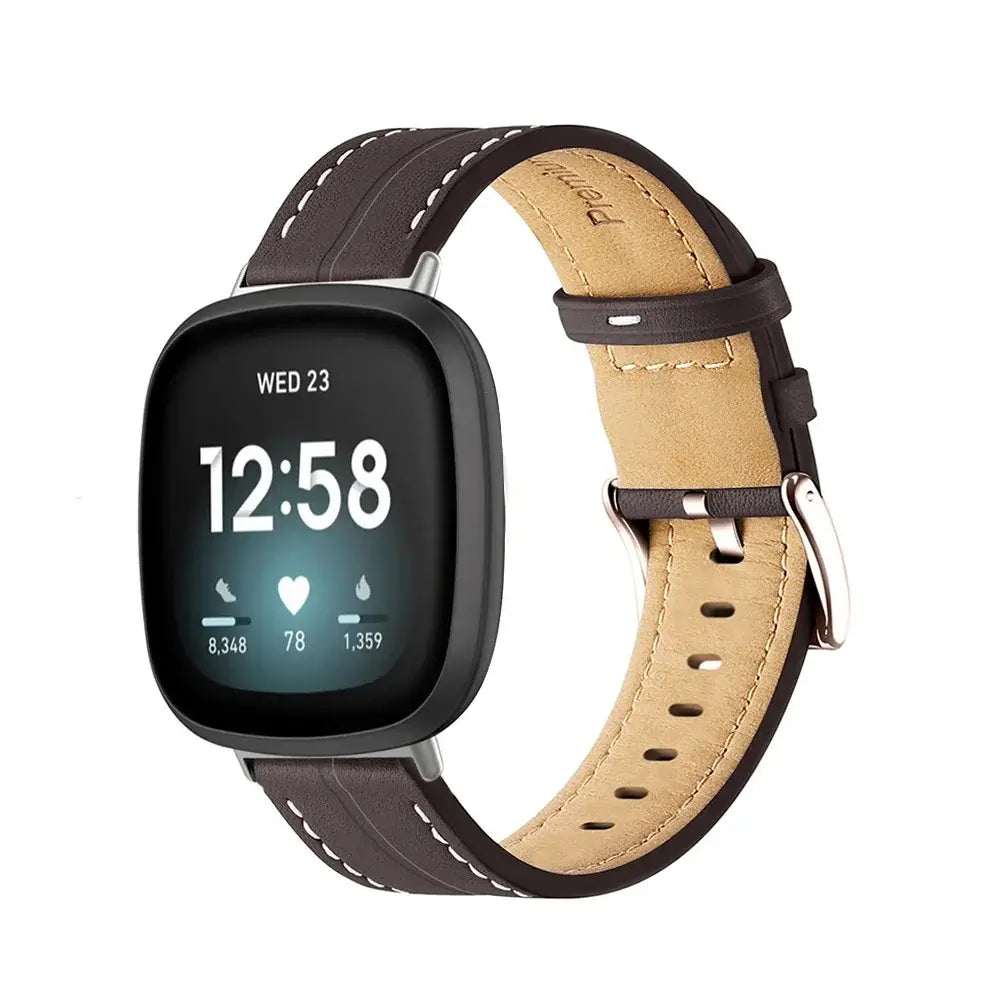 Fitbit Versa & Sense Contrast-Stitched Leather Band - Dark Brown