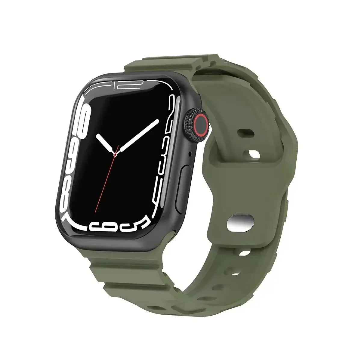 Olive green ribbed silicone band shown on an Apple Watch.