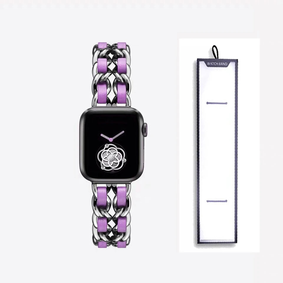 Silver chain bracelet with purple accents, shown beside packaging for Apple Watch