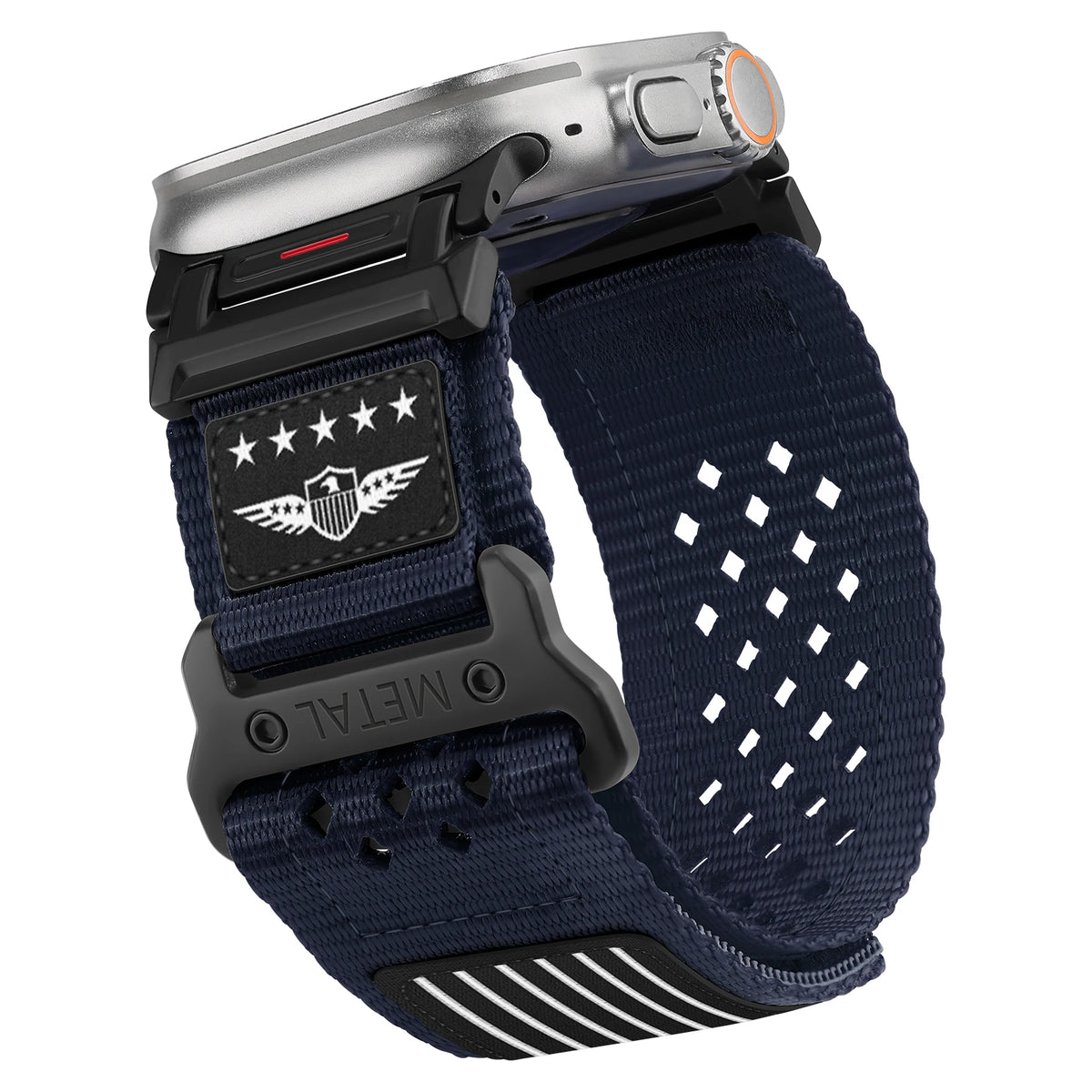 Perforated Nylon Apple Watch Sport Band with Decorative Patches in Navy - Black Patch