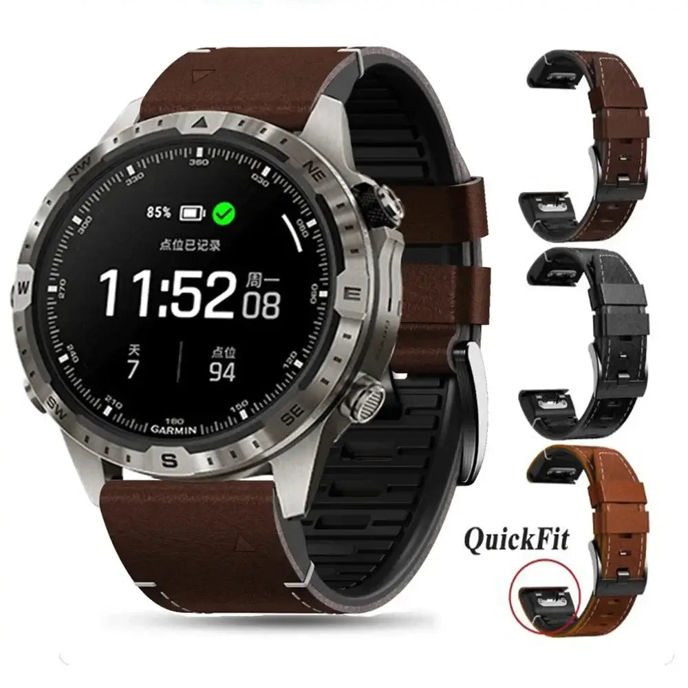 Garmin QuickFit Leather and Silicone Band brown band shown on a watch with color previews