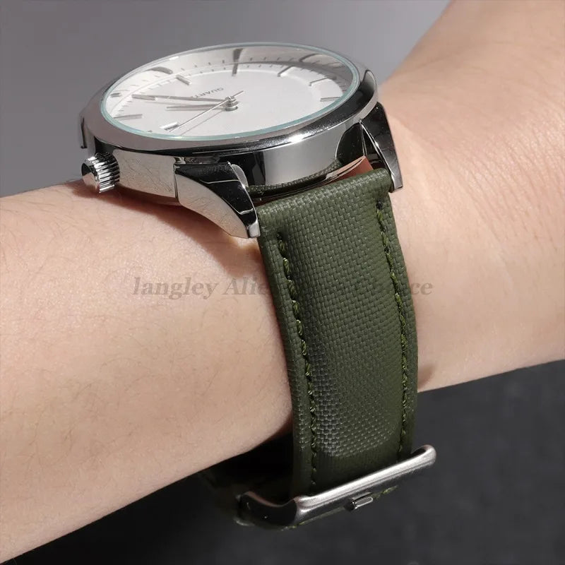 Polar Canvas and Leather Watch Band with Pin Buckle — Olive strap shown on wrist