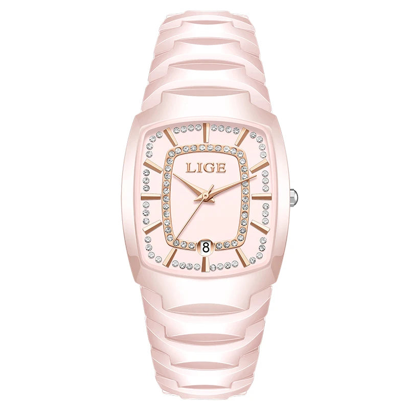 Women's Ceramic Tonneau Crystal Dial Watch — Pink / Rose Gold-Tone Accents