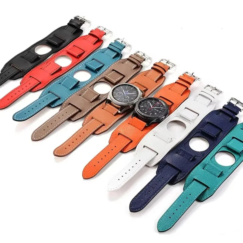 Samsung Galaxy Leather Watch Band - Watch8/Watch8 Classic/Watch9/Ultra/Ultra2 in multiple colors displayed with watches.