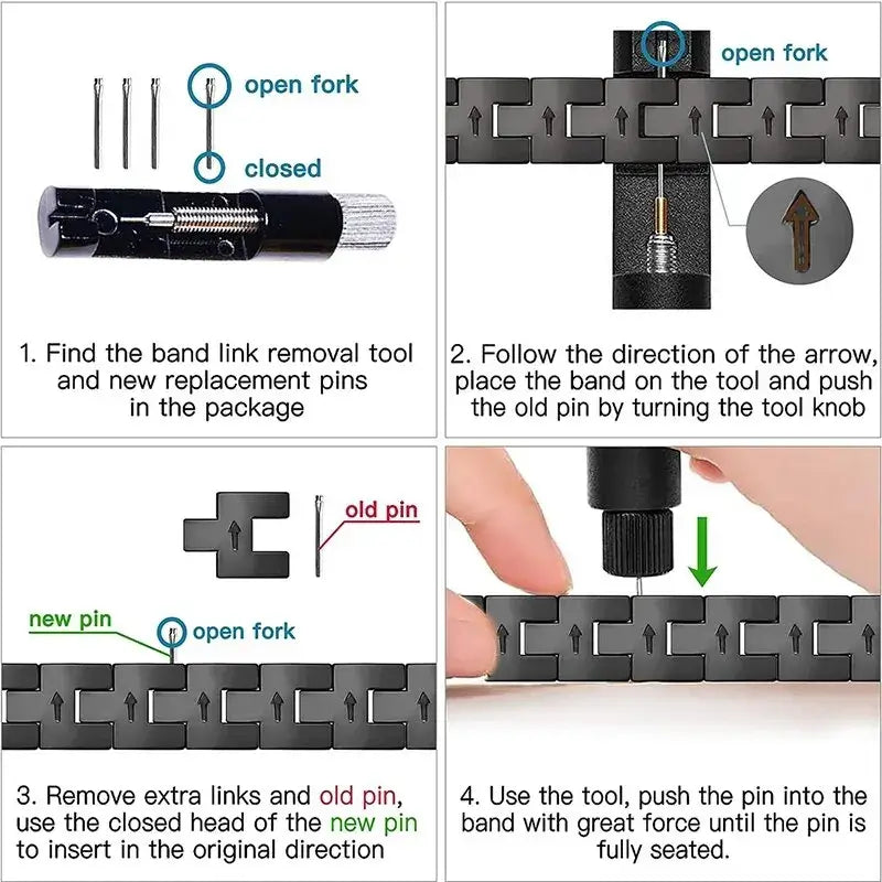 Illustrated guide to removing and replacing links with a watch-band pin tool.