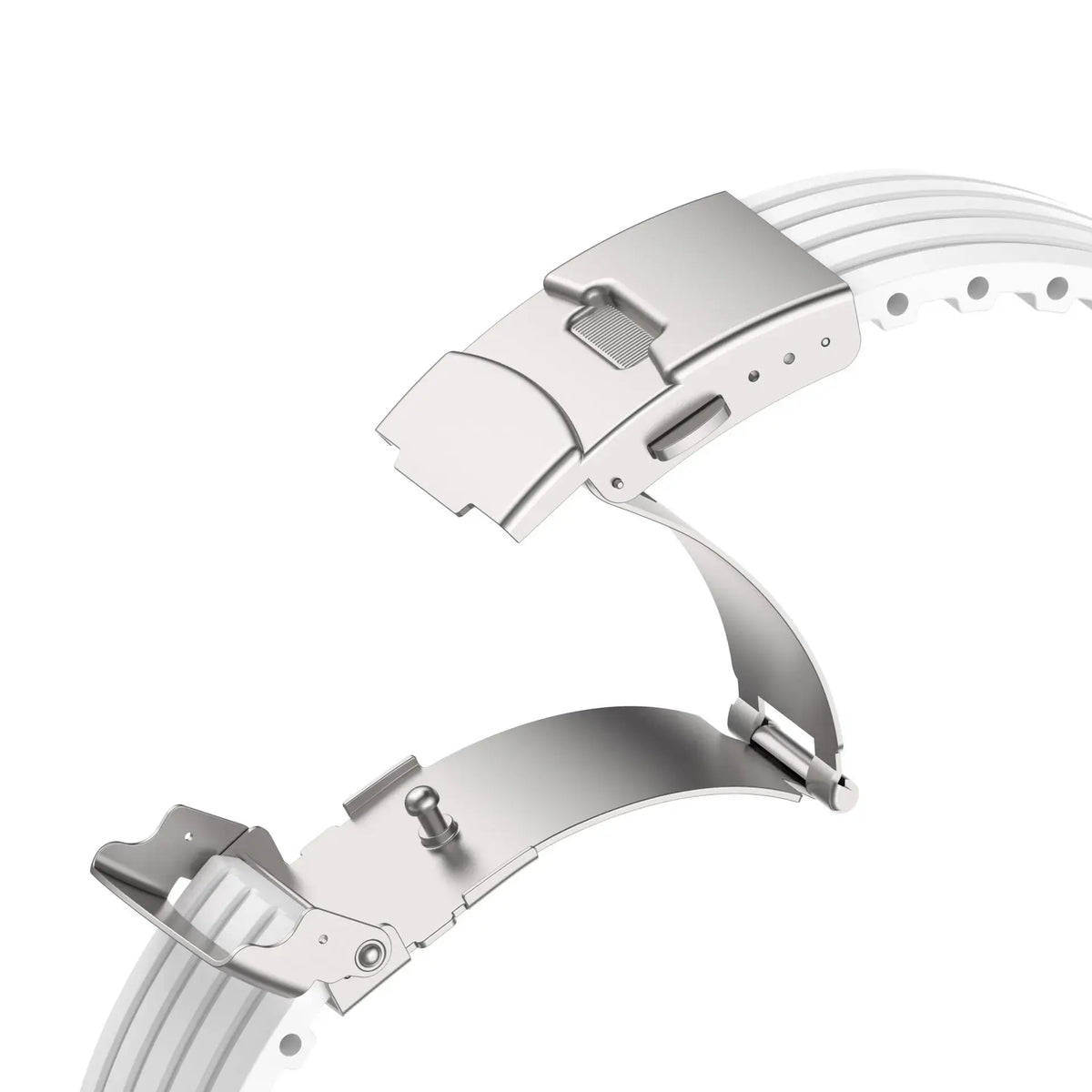 White grooved silicone band showing open and closed folding clasp