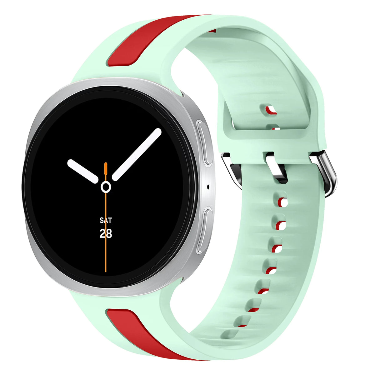 Samsung Galaxy Silicone Two-Tone Sport Watch Band - Watch8/Watch8 Classic/Watch9 in mint green and red with a stainless steel buckle.