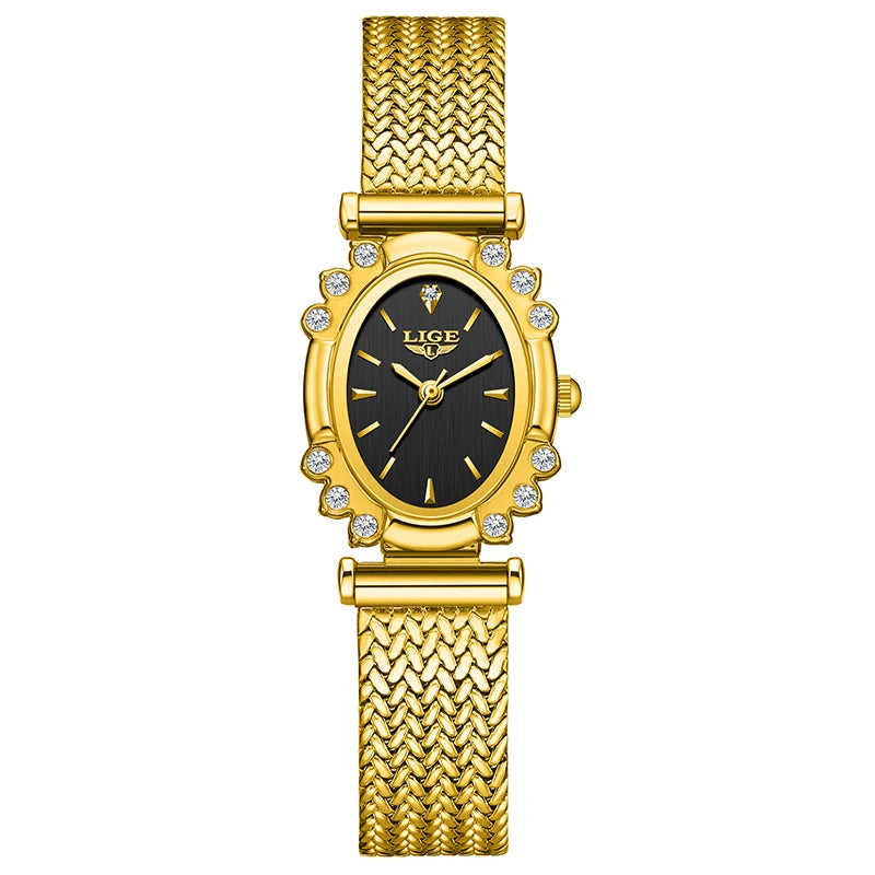 Women's Oval Crystal Bezel Mesh Watch — Gold Tone / Black Dial — BandsCo Straps
