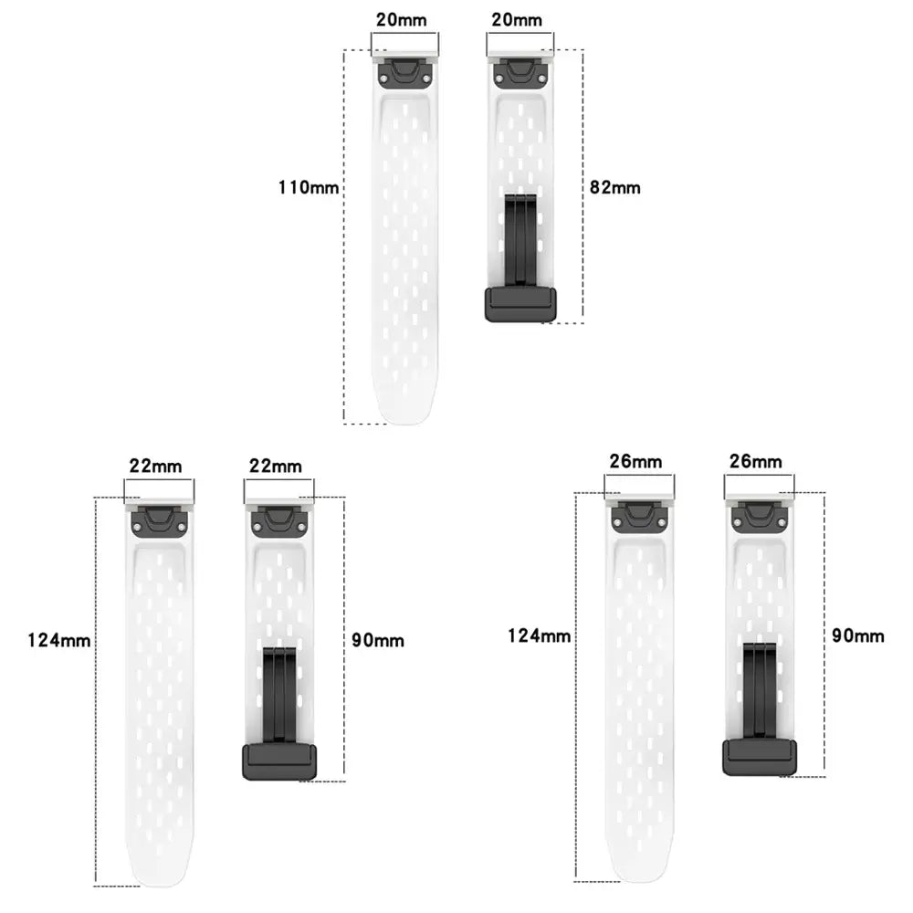 Garmin QuickFit Perforated Silicone Band 20mm, 22mm and 26mm strap dimension diagrams