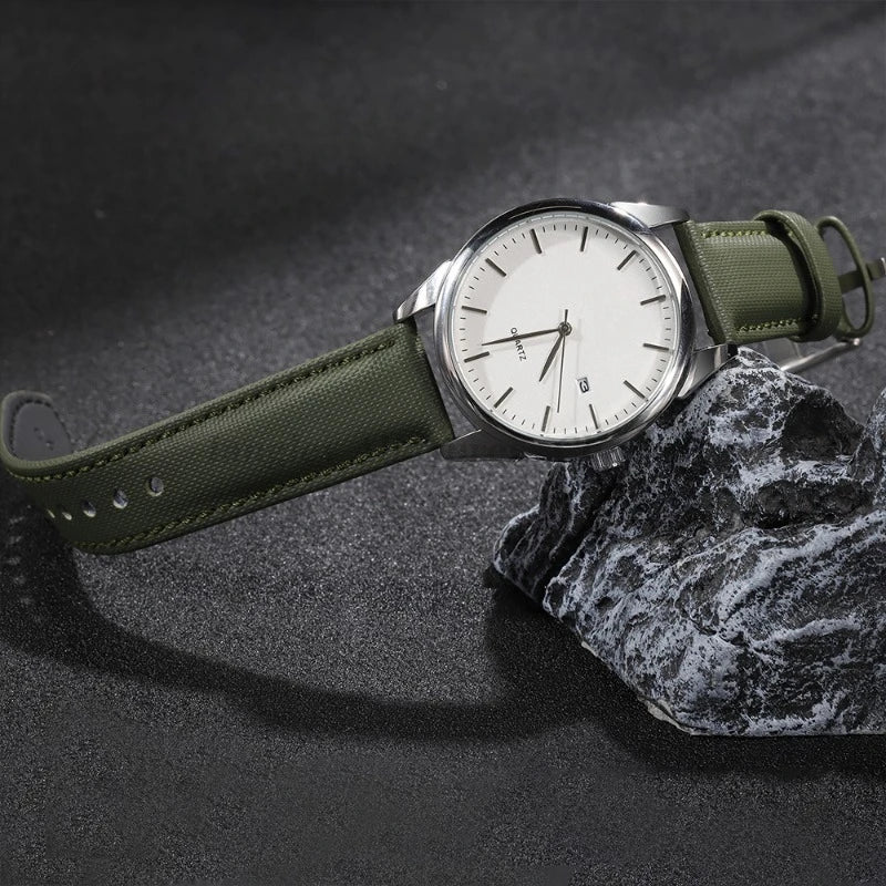 OnePlus Smartwatch Nylon Quick Release Sailcloth Watch Band Strap on a stylish watch with a green strap.