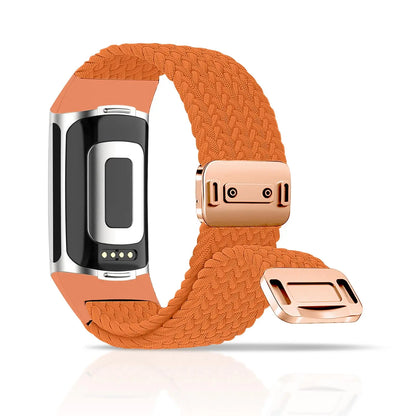 Orange Fitbit Charge 5 and 6 Braided Nylon Band with Magnetic Clasp