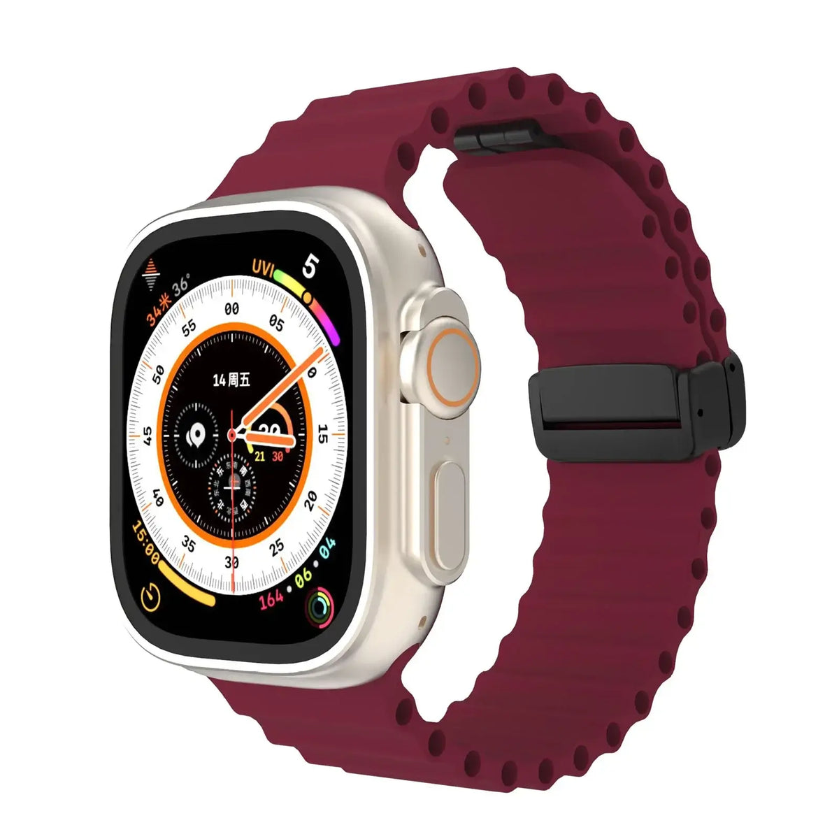 Burgundy ridged silicone Apple Watch band with magnetic clasp