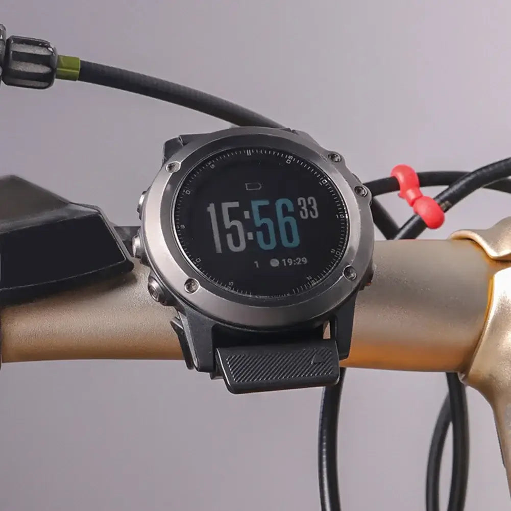Garmin smartwatch mounted on a bike handlebar, showcasing stylish functionality and rugged design for outdoor adventures.
