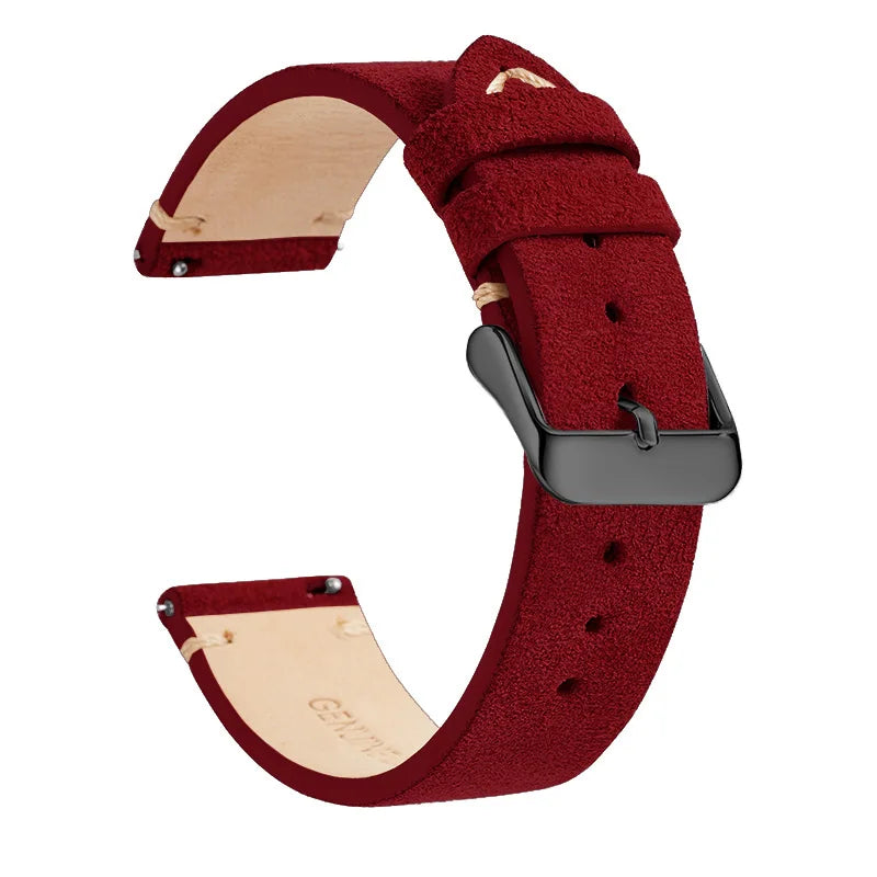 OnePlus Leather Quick Release Watch Band Strap for Smartwatch in red suede texture with black buckle.