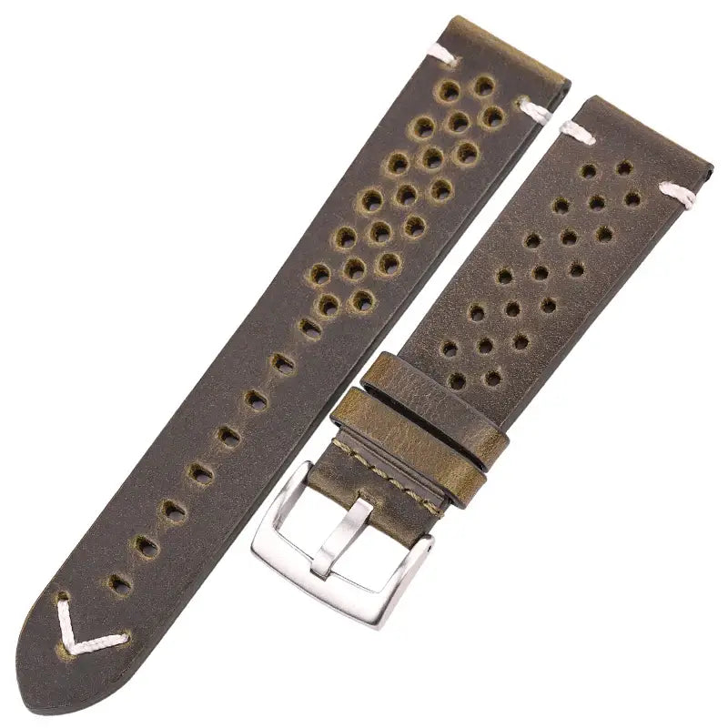 TicWatch Perforated Leather Band with V Stitch - Olive Green / Silver Buckle