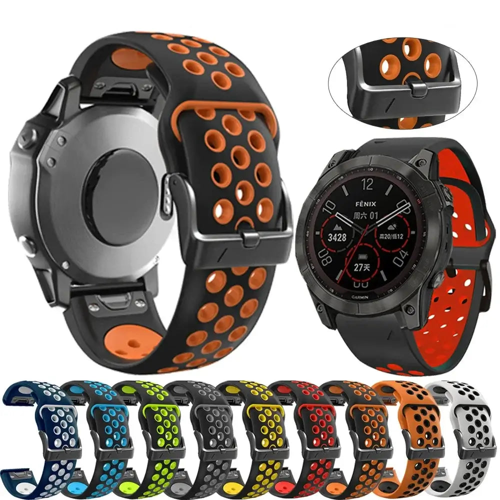 Garmin QuickFit Silicone Band - Perforated and Textured two-tone perforated band shown on watches with color previews