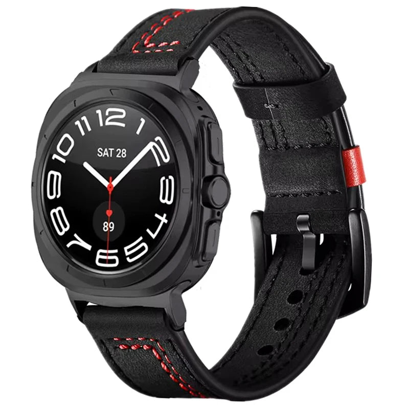 Samsung Galaxy Leather Watch Band No Gap Replacement For Ultra/Ultra2 on a watch with a black and red design.
