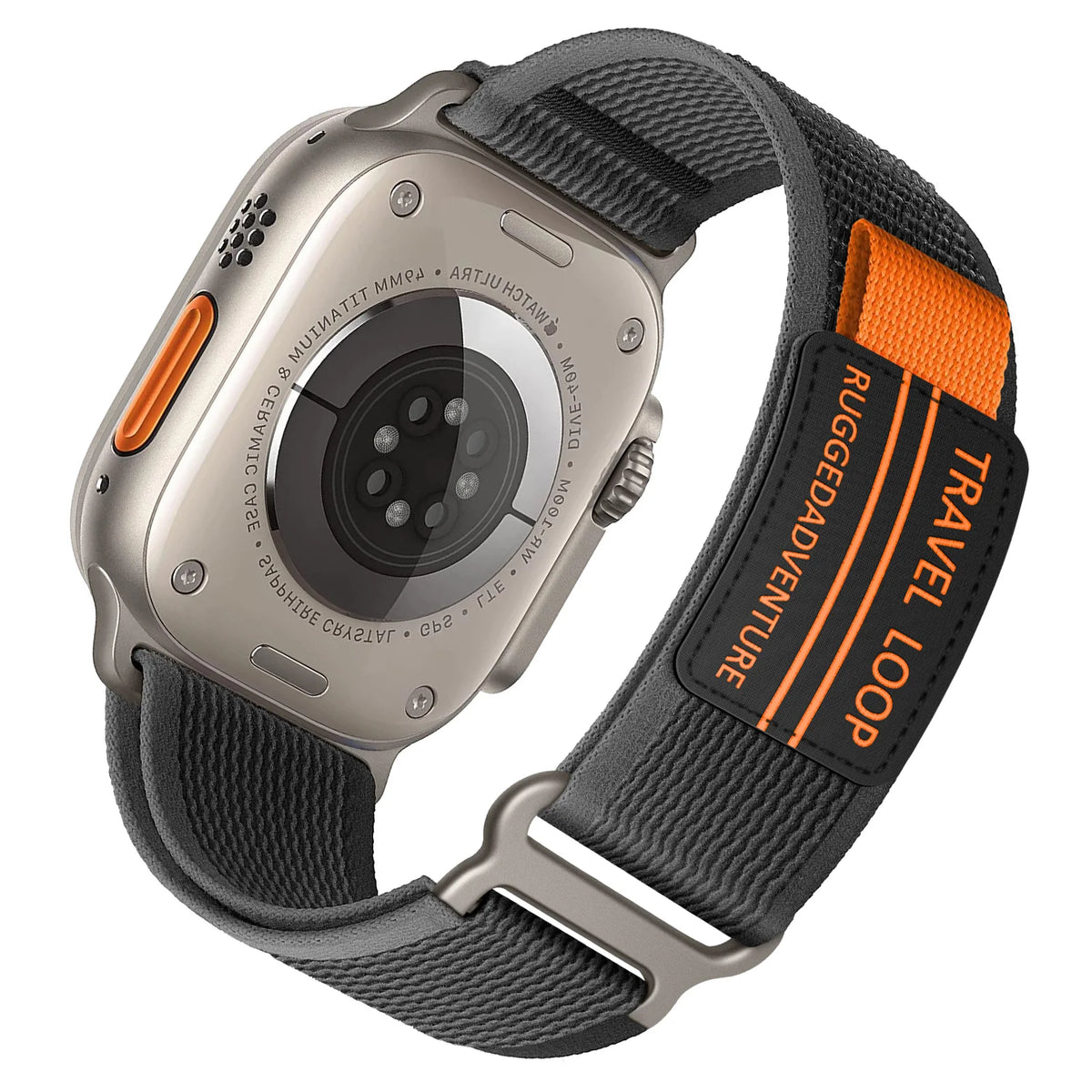 Nylon Trail-Style Apple Watch Loop with Decorative Patch in Charcoal / Orange - Text
