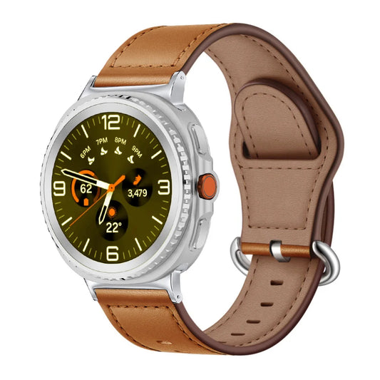 Samsung Galaxy Genuine Leather Watch Band Replacement Watch8/Watch8 Classic/Watch9 on smartwatch with a tan leather strap