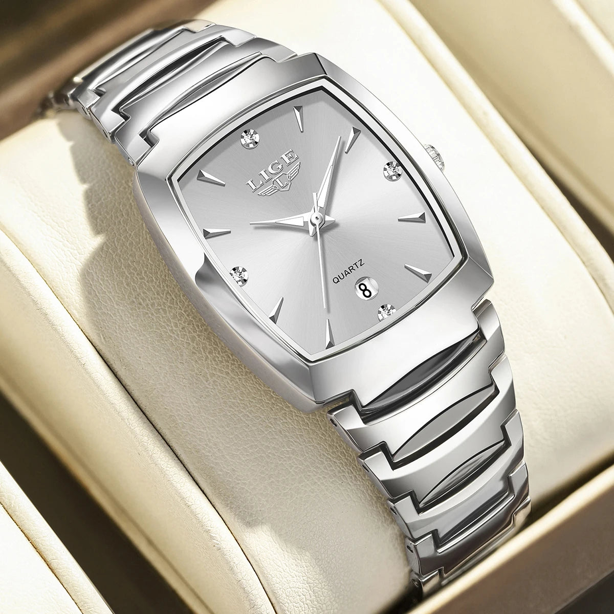 Women's Tonneau Date Quartz Bracelet Watch — Silver-tone tonneau watch — BandsCo Straps