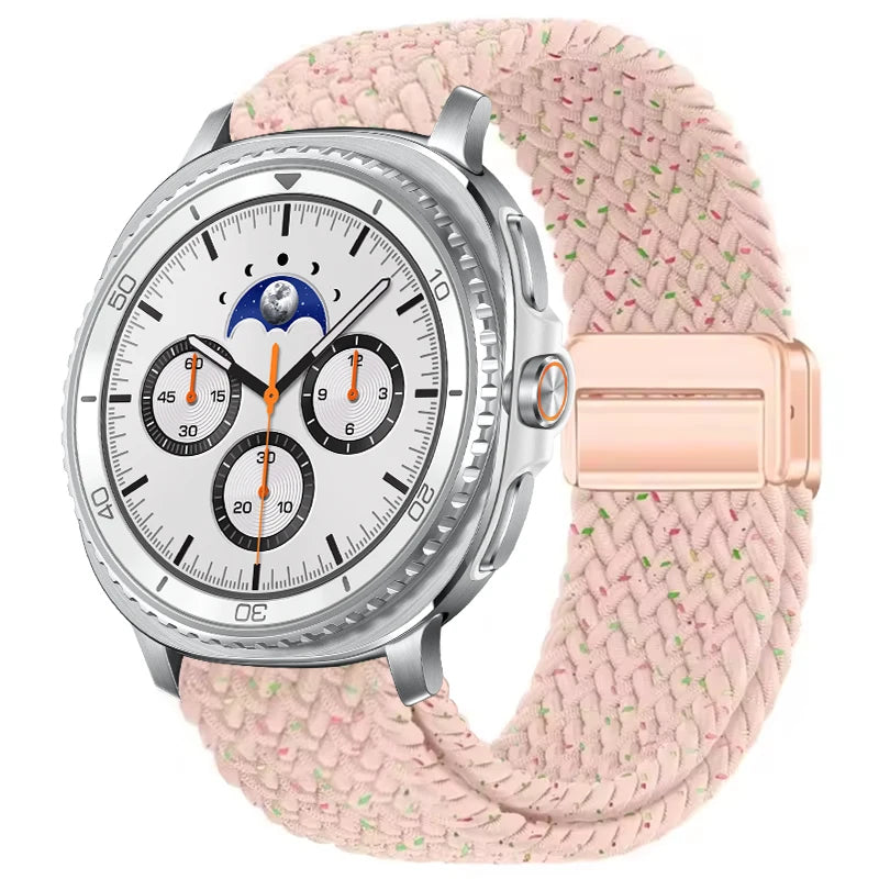 Braided Nylon Clasp Band in Pink Speckled / Rose Gold Clasp for Samsung Galaxy Watch8, Watch8 Classic and Watch9