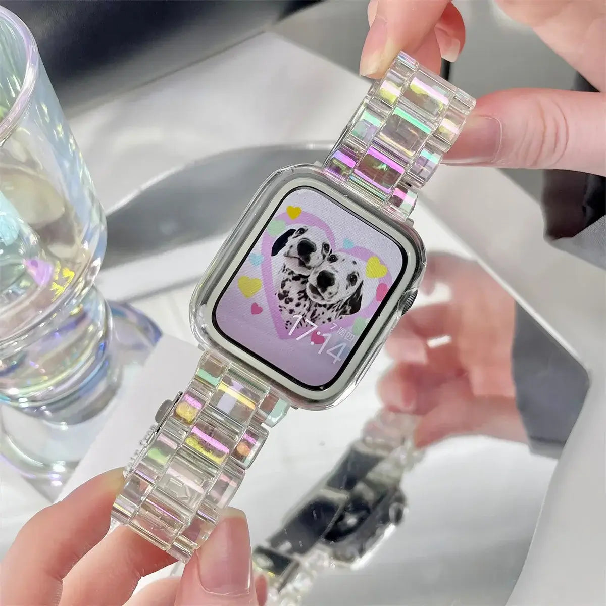 Iridescent clear resin Apple Watch band handheld detail
