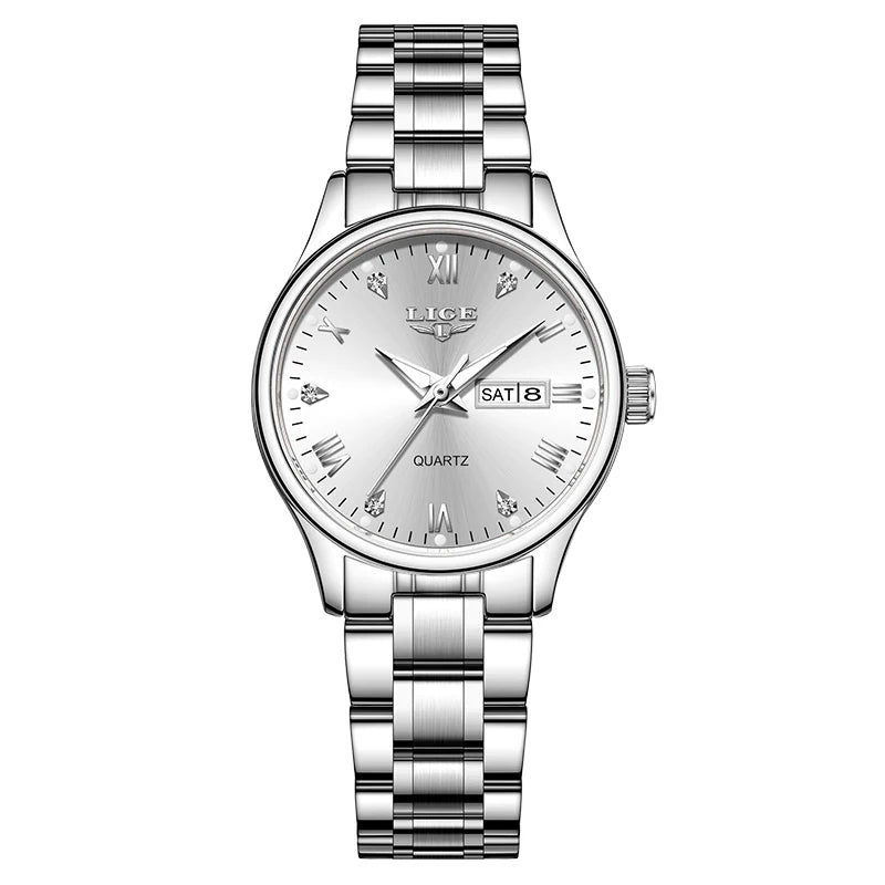 Women's 29mm Day-Date Quartz Bracelet Watch — Silver Tone / White Dial