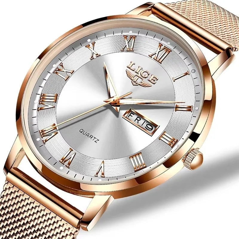 Women's Rose Gold-Tone Mesh Day-Date Watch — Roman dial and day-date window — BandsCo Straps