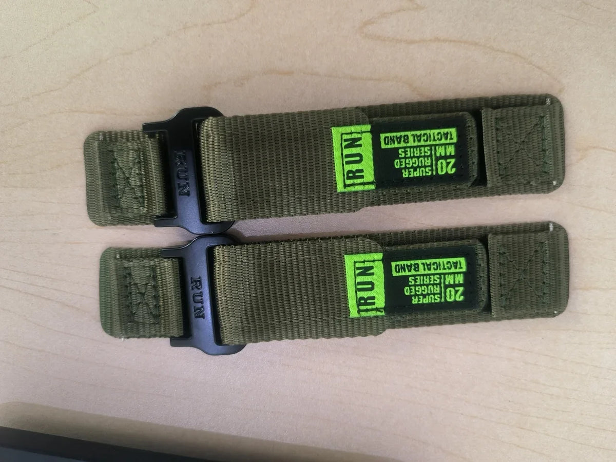 Motorola Moto Nylon Hook-and-Loop Band with RUN Label — Olive green woven strap and RUN label details
