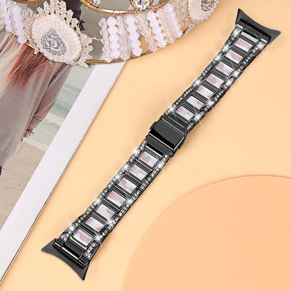 Black / Pink Flower Google Pixel Watch 5, 4 and 3 41mm Resin Inlay Link Bracelet Band