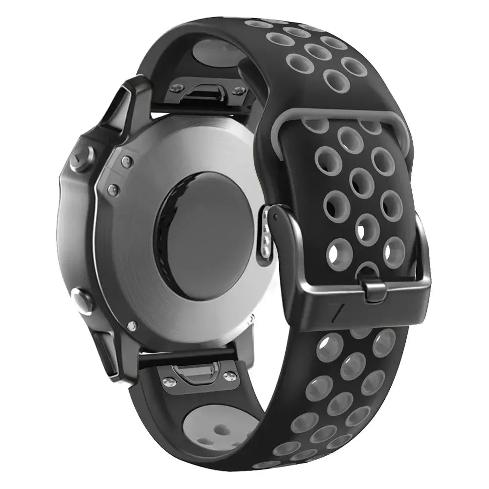 Garmin QuickFit Silicone Band - Perforated and Textured black and gray perforated band shown on a watch