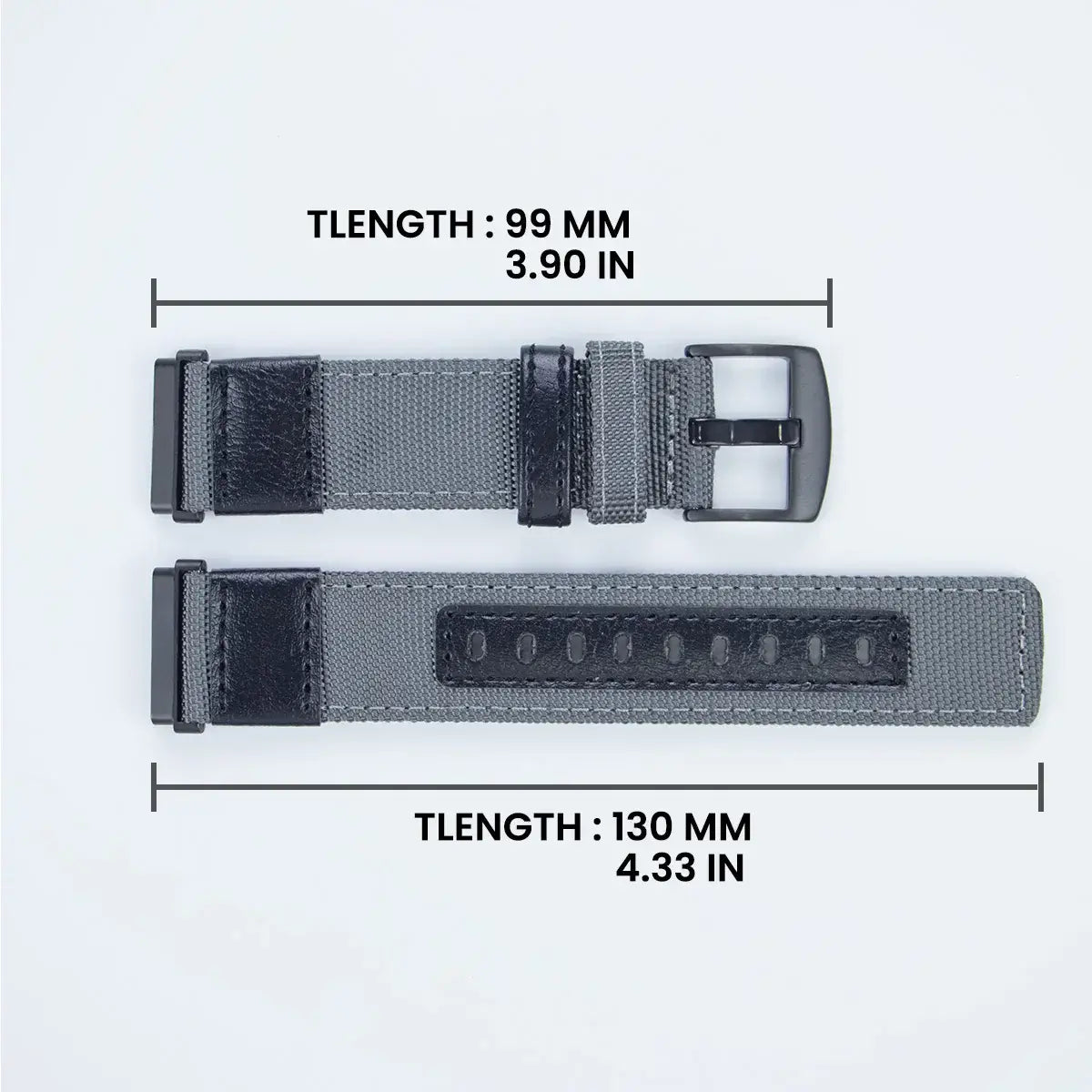 Fitbit Versa & Sense Nylon Band with Leather Details - Gray strap dimensions