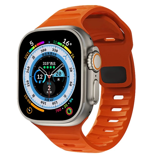 Slotted Silicone Apple Watch Band with Metal Buckle in Bright Orange
