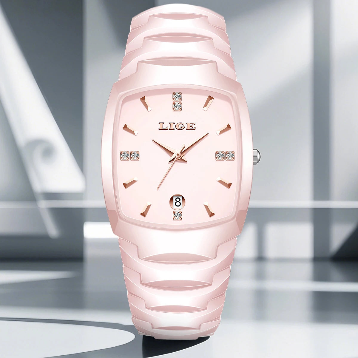 Women's Tonneau Crystal Marker Bracelet Watch — Pink tonneau watch front view — BandsCo Straps