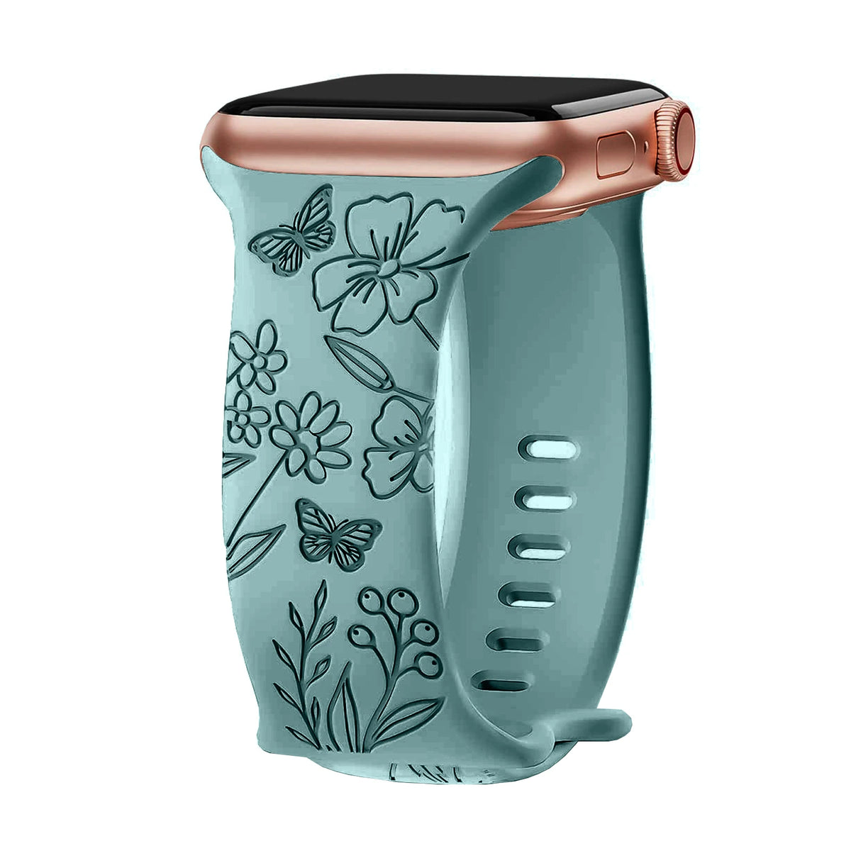 Engraved Botanical Silicone Apple Watch Band in Sage / Flowers & Butterflies