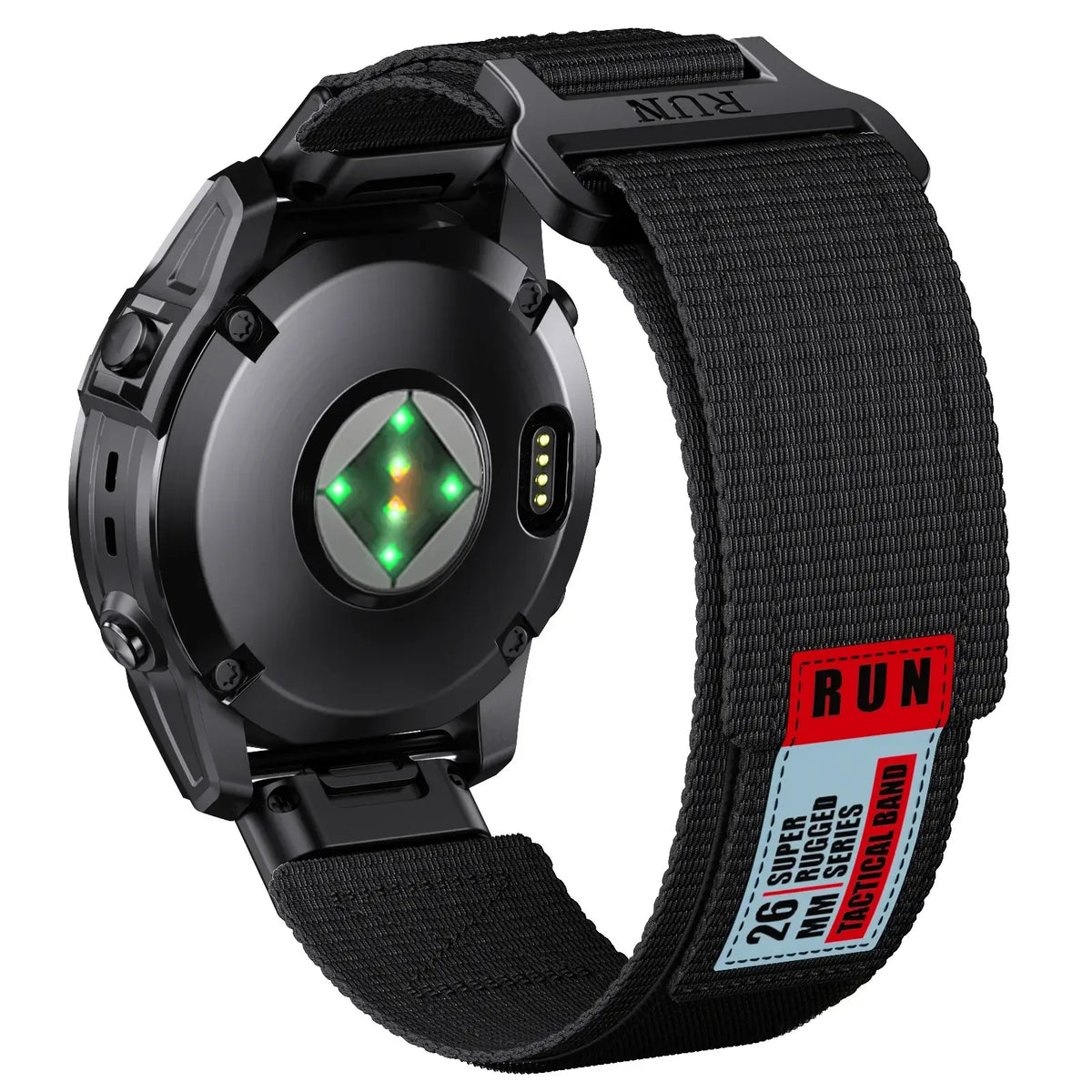 Garmin QuickFit Nylon Sports Loop Band in Black shown from the underside of a watch