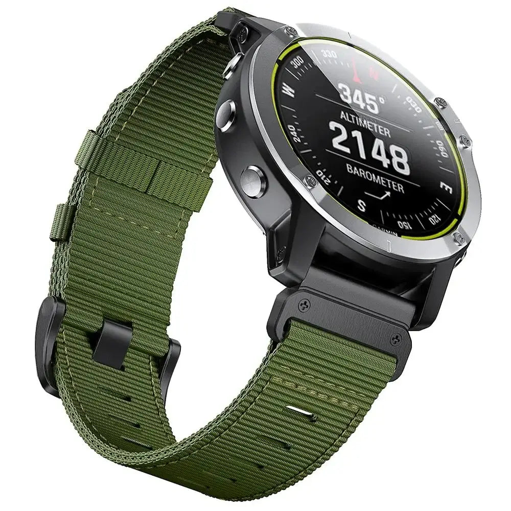 Garmin QuickFit Tactical Nylon Band army green buckle strap shown on a watch