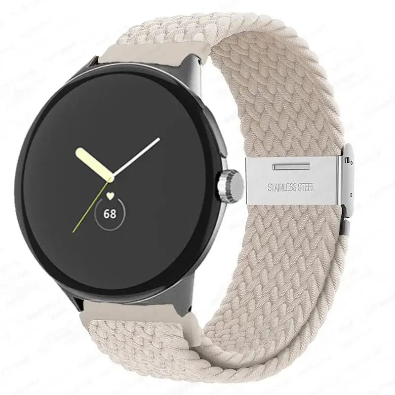 Braided Nylon Google Pixel Watch Band with Metal Clasp in Ivory