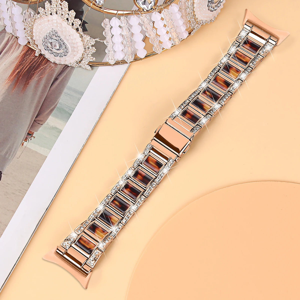 Rose Gold / Brown Google Pixel Watch 5, 4 and 3 41mm Resin Inlay Link Bracelet Band