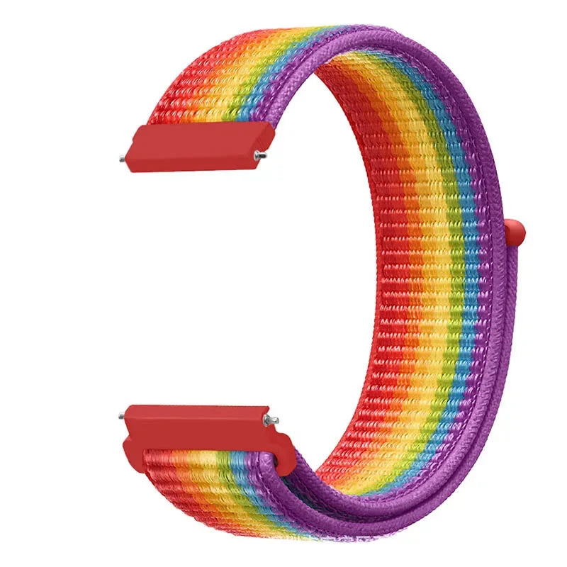 OnePlus Smartwatch Band Nylon Weave Loop Strap Bracelet Adjustable Comfort in rainbow colors with red connectors.