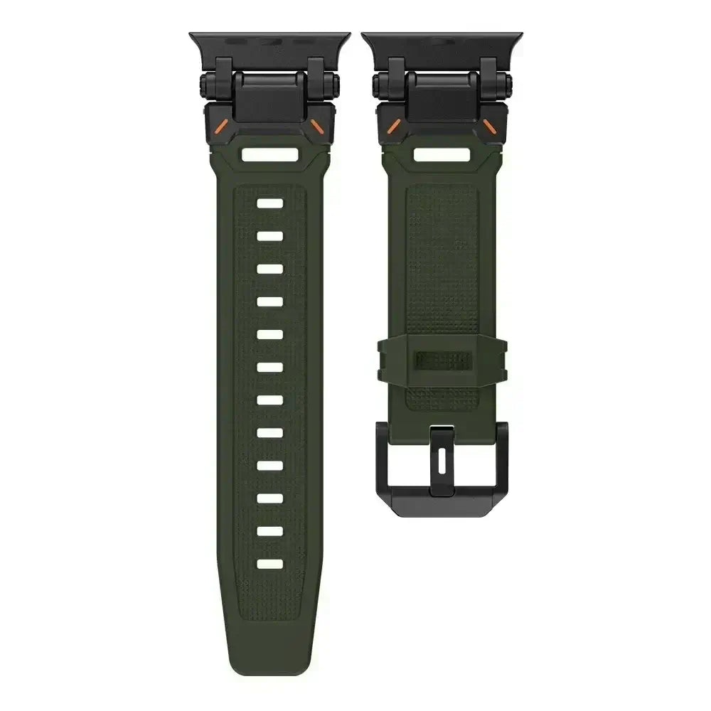 Olive Green / Black silicone Apple Watch band with metal connectors