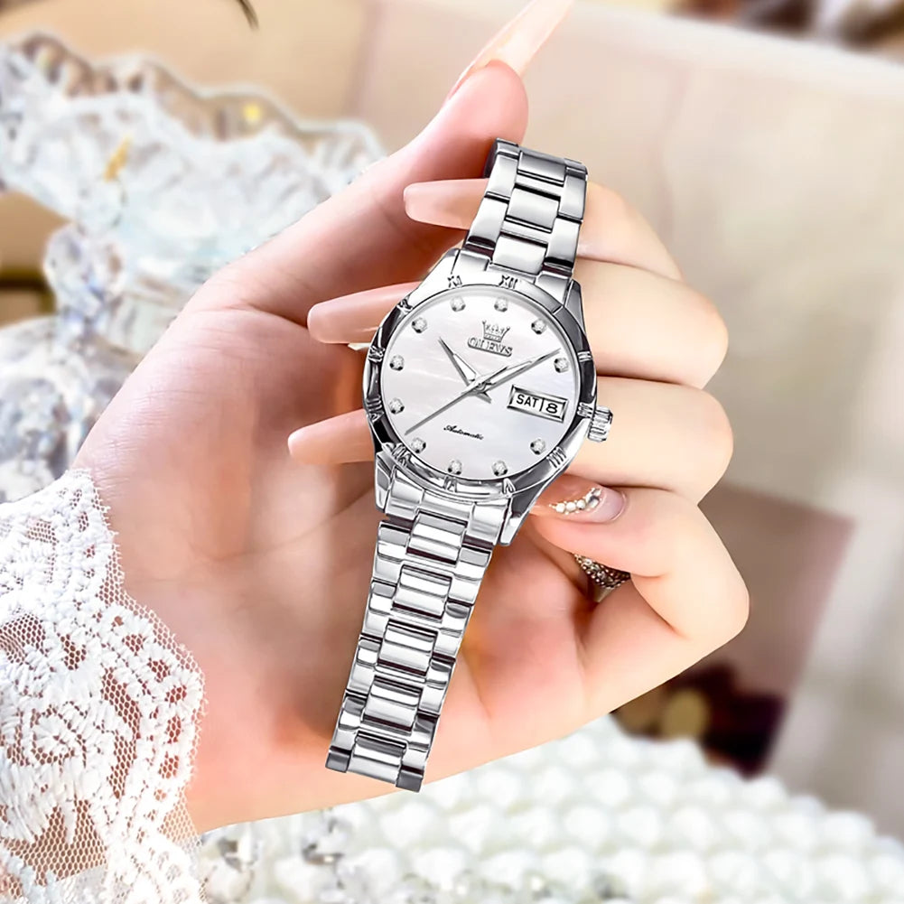 Women's Automatic Pearl-Effect Day-Date Watch — Silver Tone / White Dial — BandsCo Straps